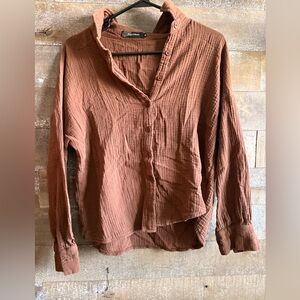 Free People Pink and Brown Asymmetrical Button Down Shirt